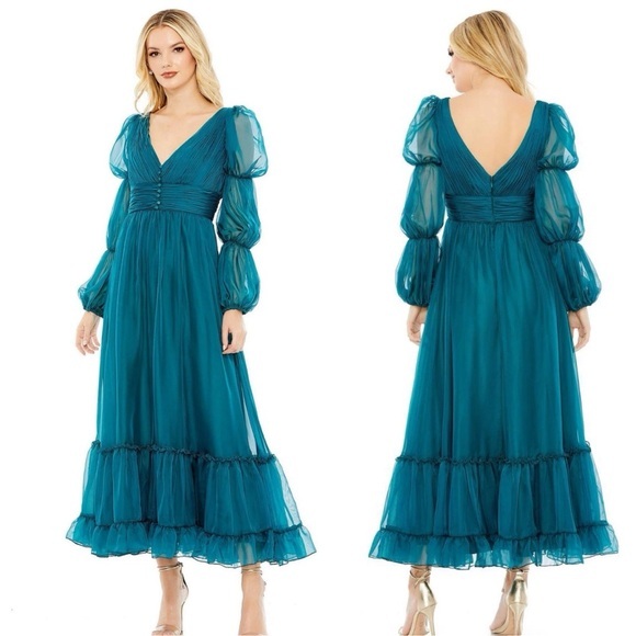 Mac Duggal 68254 Romantic Teal Ruffle Gathered Tiered Tulle Dress NWT 10 $498 - Picture 1 of 11